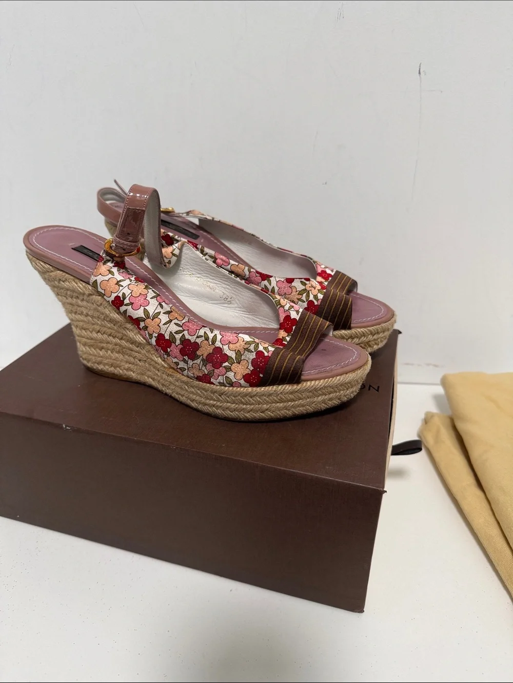 Louis Vuitton Floral Canvas Espadrille Wedge Sandals in Red, Pink and Brown